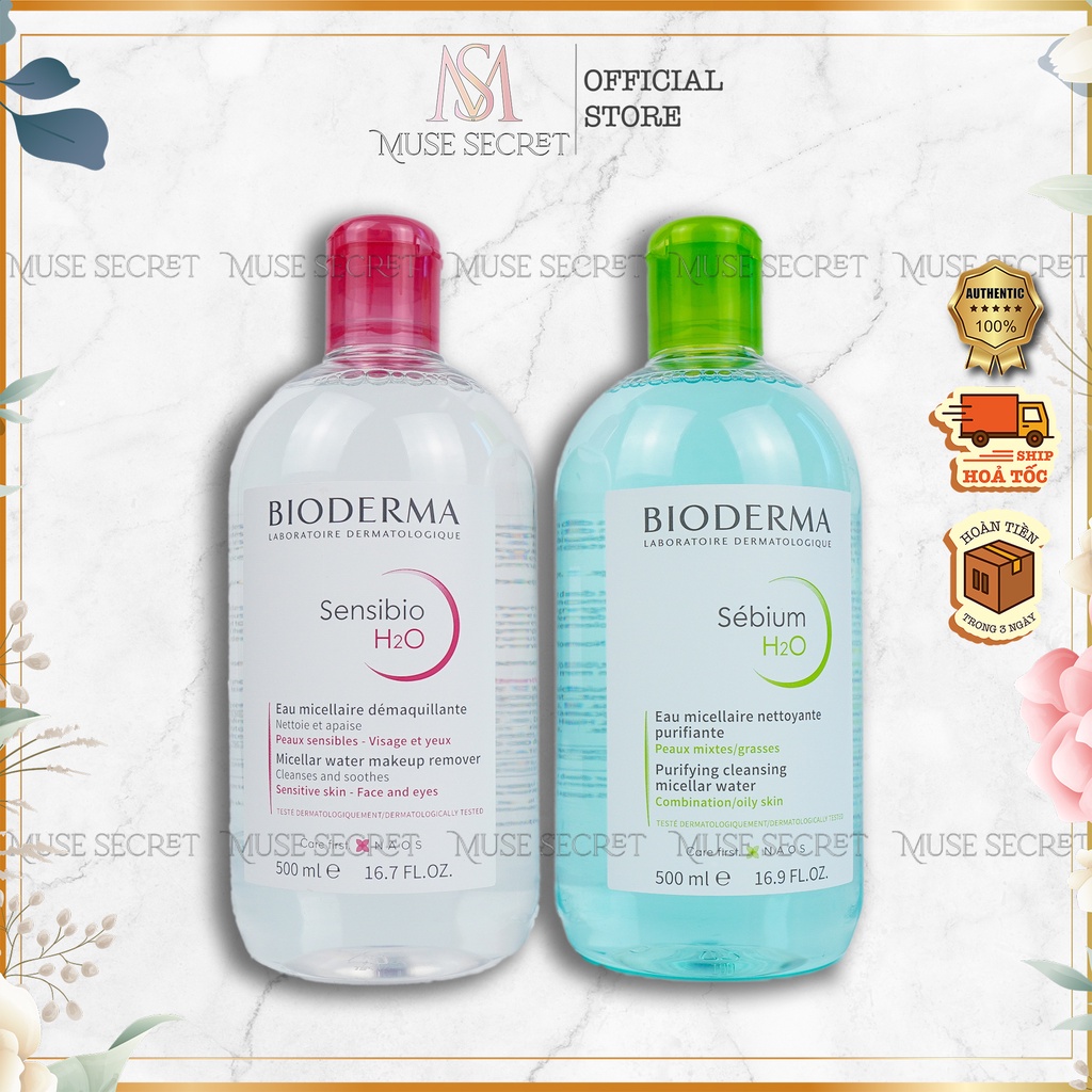 [Quà Tặng Khẩu Trang] Nước Tẩy Trang Bioderma - Bioderma Xanh dành cho da dầu, Bioderma Hồng dành cho da nhạy cảm 500ml