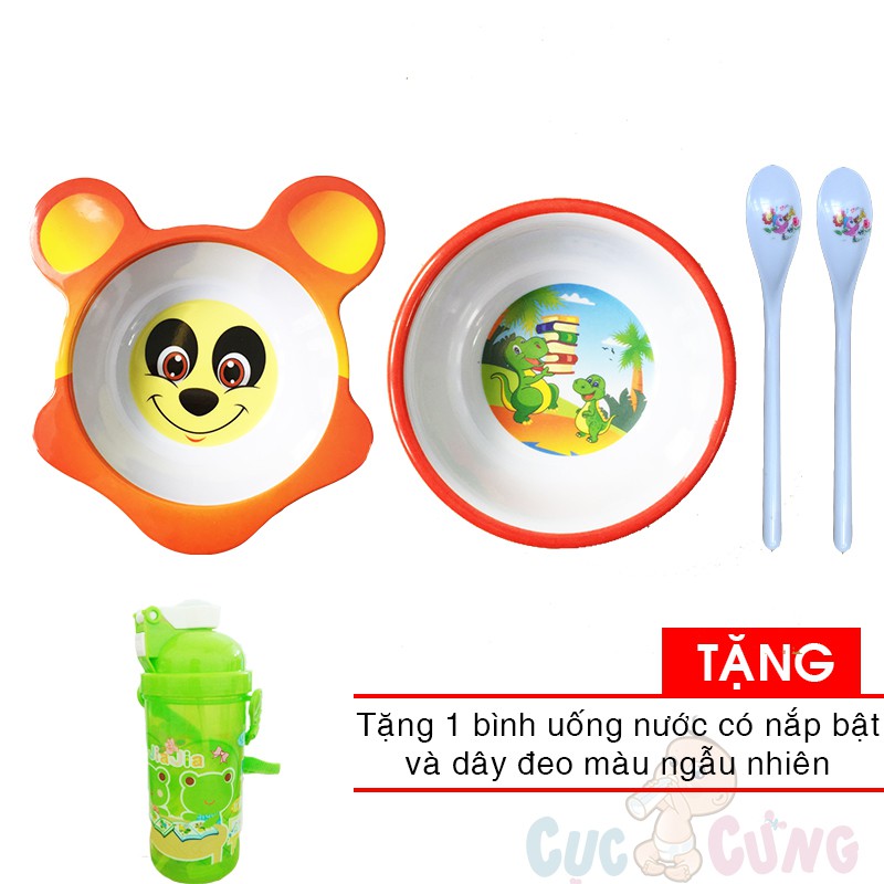 Chén cho bé tập ăn hình gấu bằng nhựa + Tô trẻ em in hình bằng nhựa + 2 muỗng ăn dặm cán dài TẶNG bình uống nước