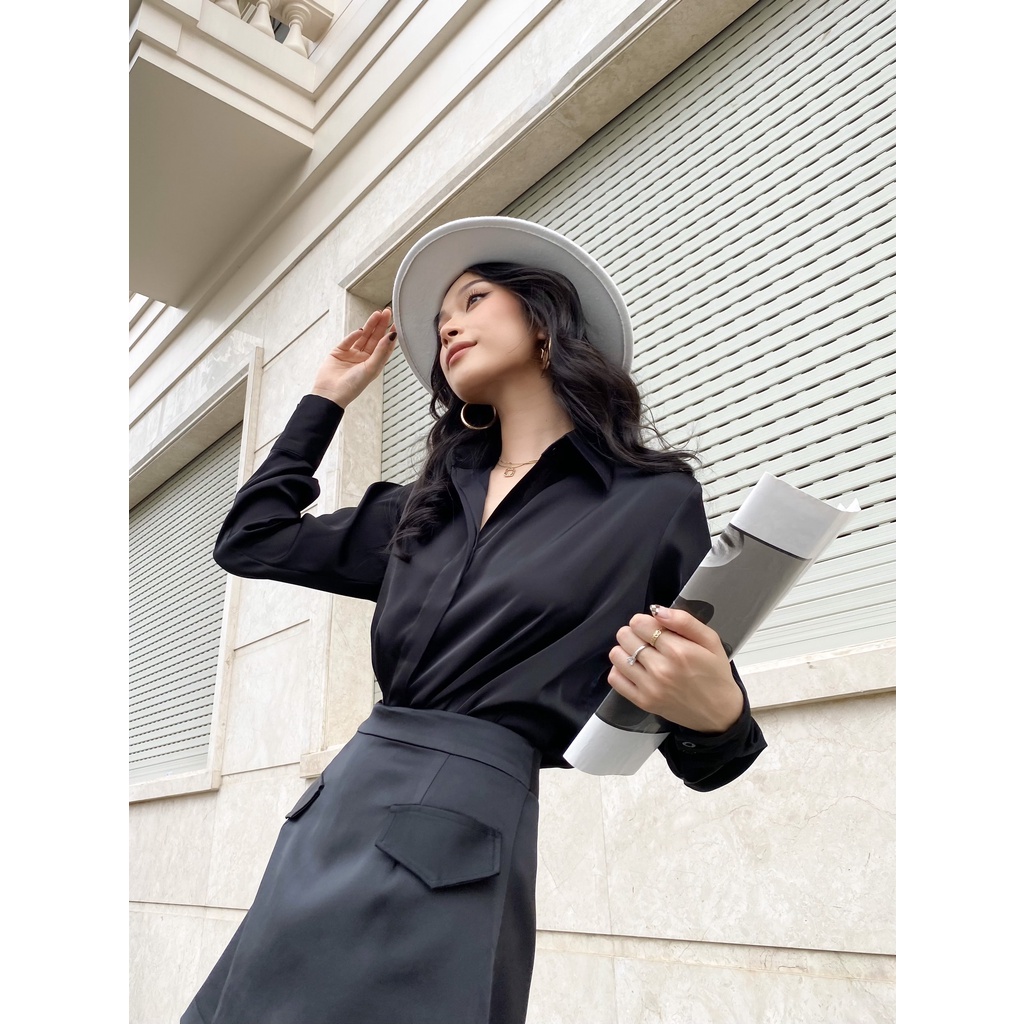 ÁO SƠ MI TAY DÀI CÔNG SỞ LỤA SILK ĐEN SM69B TINFOUR