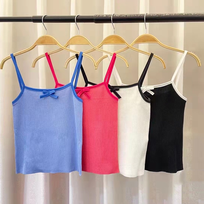 SUXI Áo Croptop Dệt Kim Dáng Ôm Đính Nơ Đơn Giản Thời Trang Mùa Hè Cho Nữ