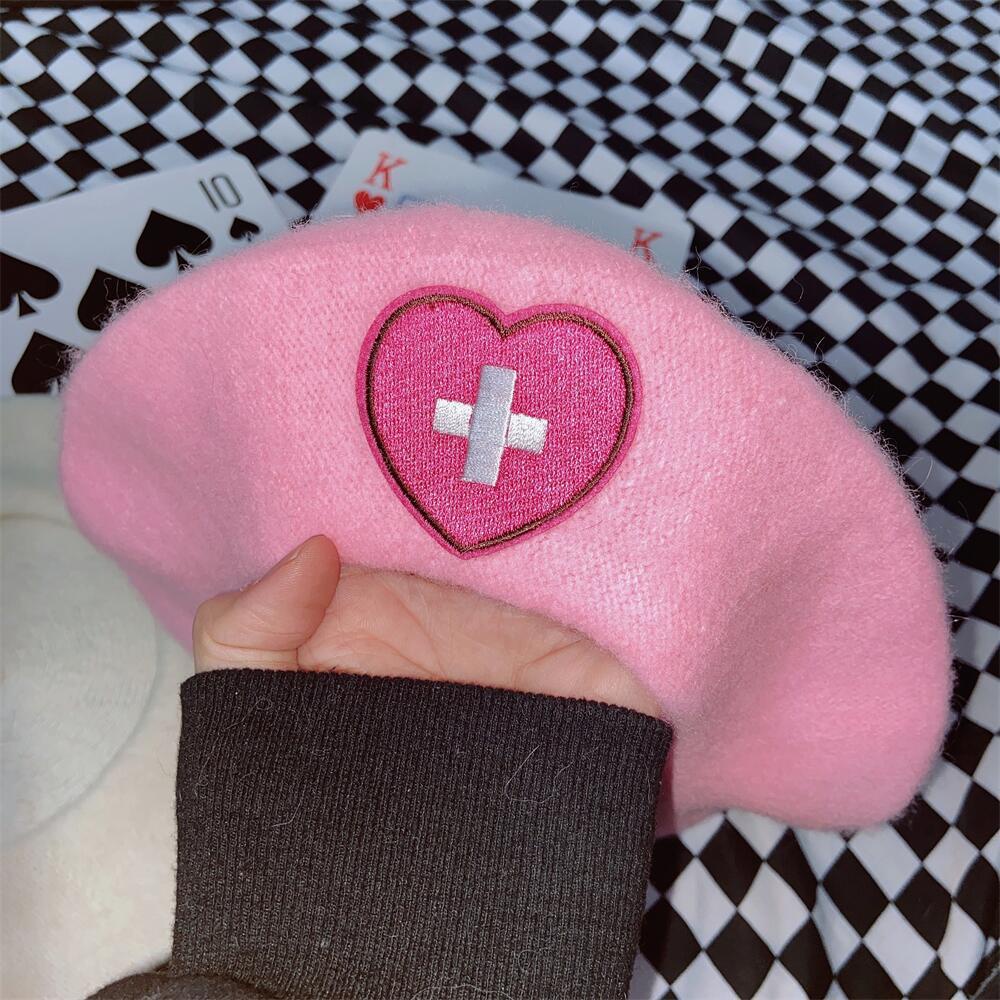 Millennium Spice Girl Beret Girls New Japanese Harajuku Y2K Sweet Soft Girl Love Cross Embroidery Beet Biscuits Hat