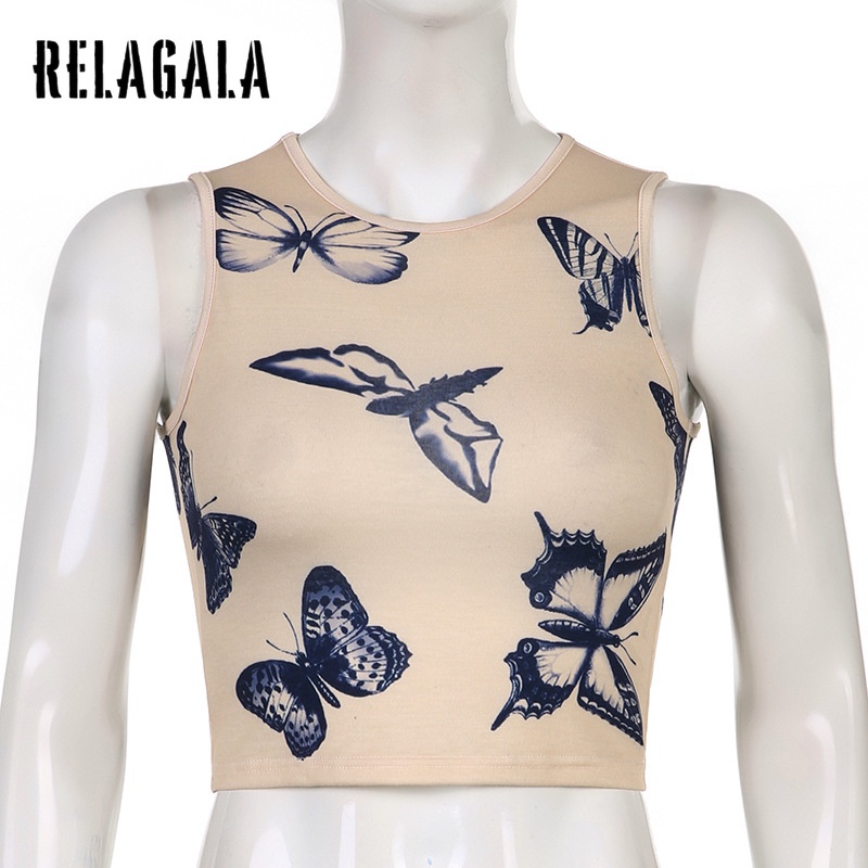 Relagala Áo Tank Top Không Tay Dệt Kim Ôm Dáng In Họa Tiết Bướm Gợi Cảm Cho Nữ