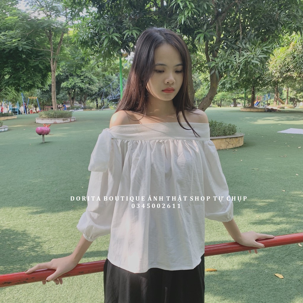 Áo thắt nơ trễ vai tay dài - Thắt nơ lệch điệu đà - Chất đũi hàn - Dorita Boutique | BigBuy360 - bigbuy360.vn