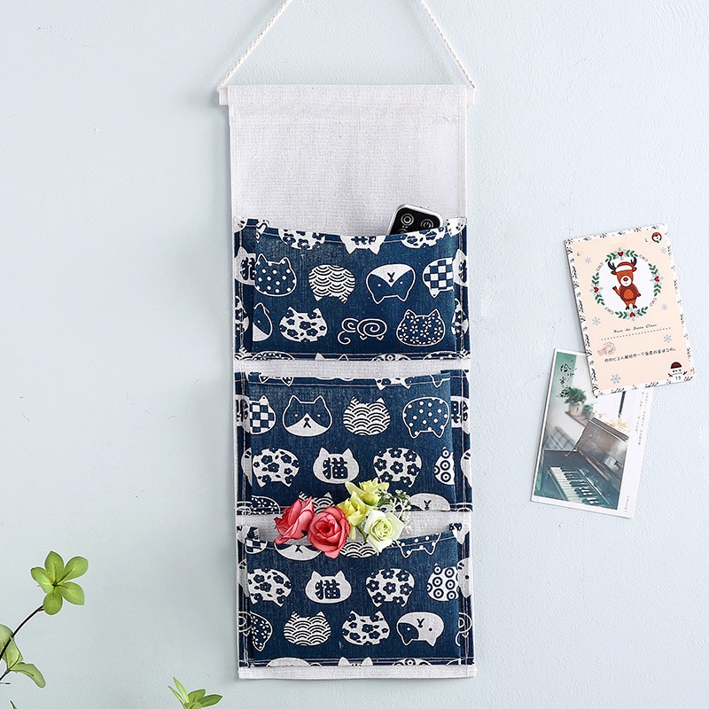 Túi vải canvas treo tường 3 ngăn họa tiết vintage kệ treo tường trang trí phòng gọn gàng đồ gia dụng tiện ích T3N