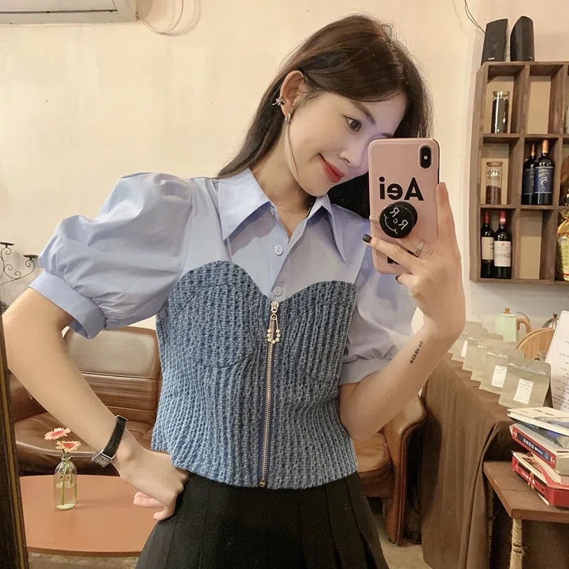 Áo Sơ Mi Tiểu Thư Phối Màu Kéo Khoá Màu Trắng Xanh Đen Ngắn Tay Phong Cách Hàn Quốc Loại 1 Nữ Tính Đủ Size