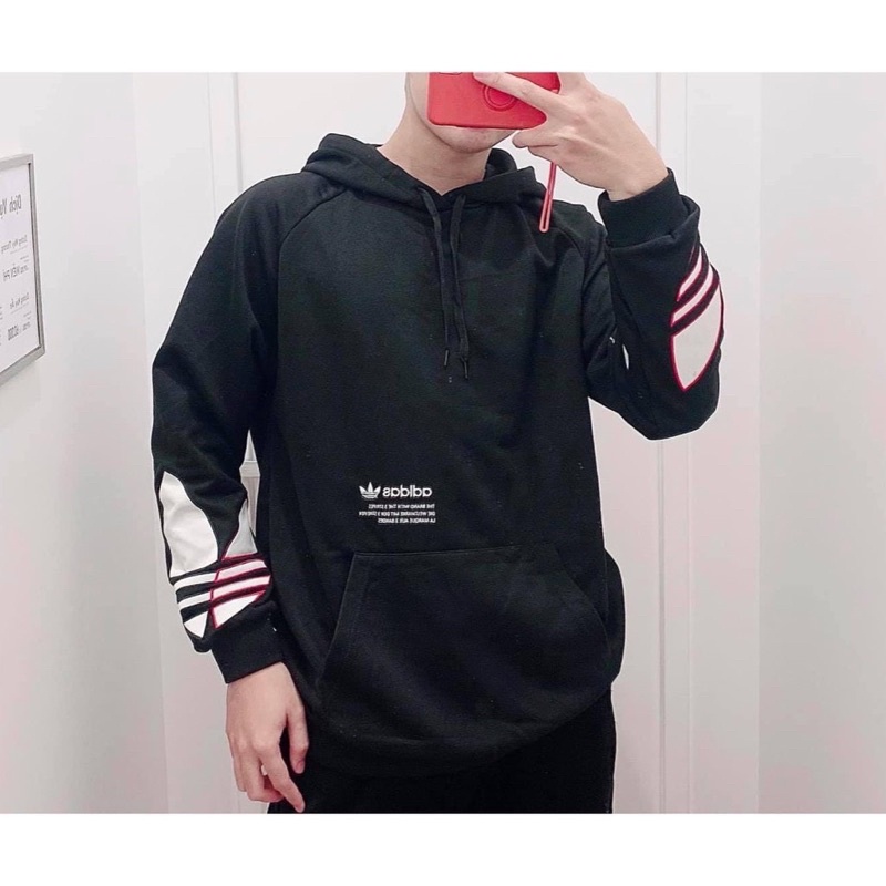 ANU468 ÁO ĐÔI HOODIE ĐEN TAY LOGO TRẮNG CHO NAM NỮ