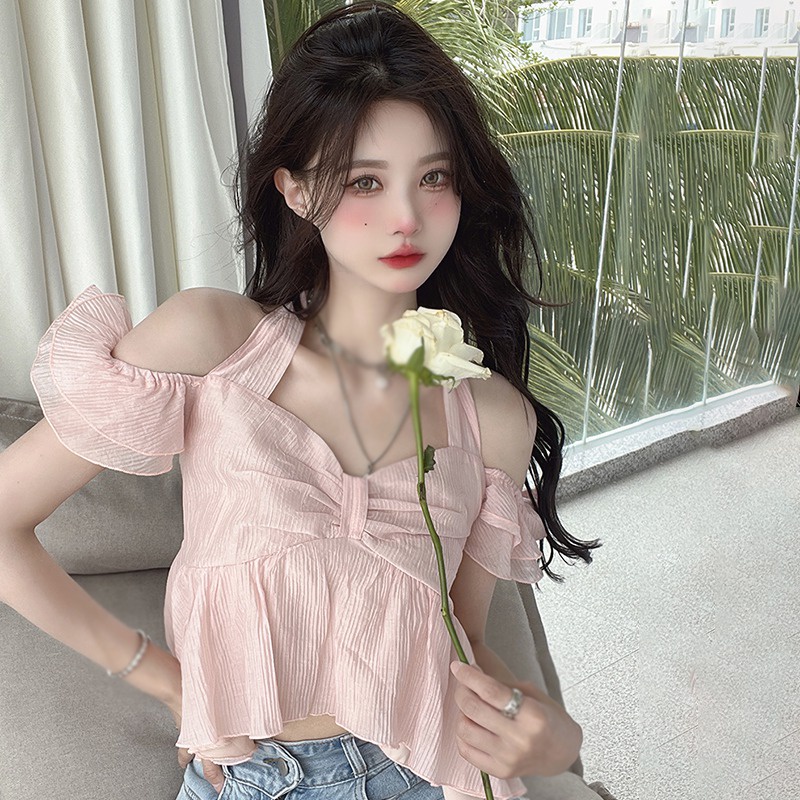 Áo Sơ Mi Tay Ngắn Cổ Yếm Màu Trơn Phong Cách Hàn Quốc Thời Trang Cho Nữ