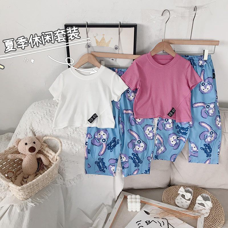 Bộ đồ áo tay ngắn cổ tròn và quần dáng rộng họa tiết hoạt hình phong cách Hàn Quốc xinh xắn cho bé gái