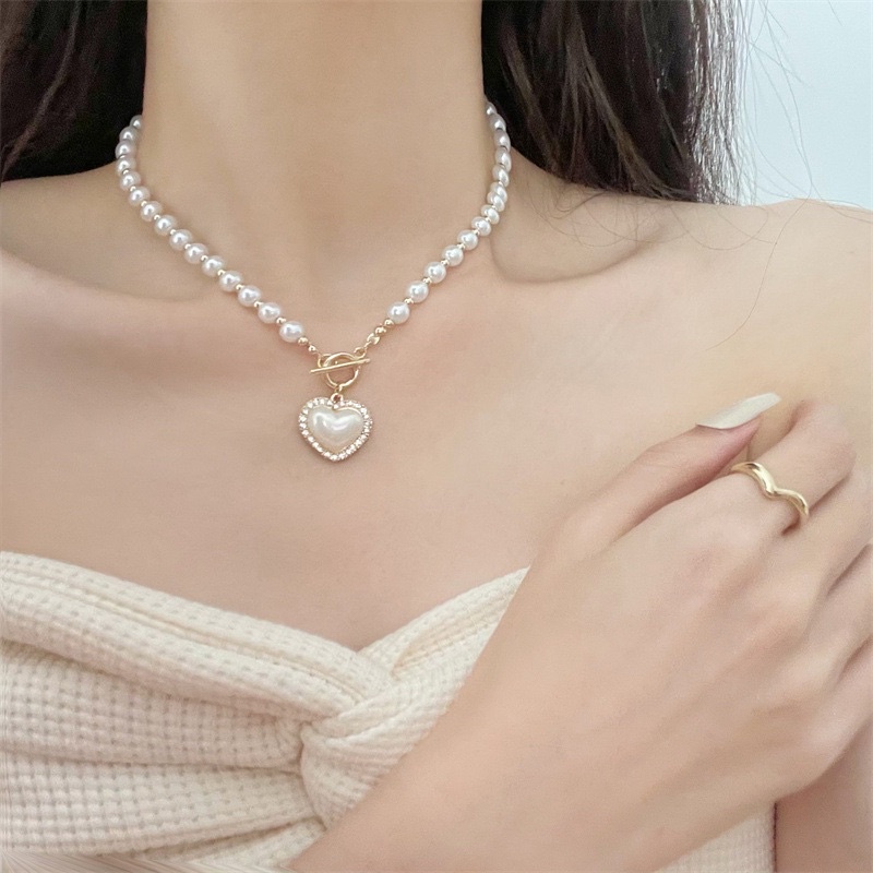 Dây chuyền ngọc trai nhân tạo hình trái tim phong cách cá tính cho nữ, vòng cổ ngọc trai