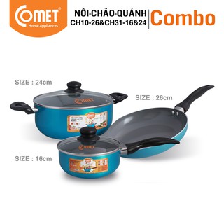 [LIFEMC11M2ADP -12% đơn 250K] Combo Nồi-Chảo-Quánh chống dính Ceramic Comet CH10-26 & CH31-16 & CH31-24