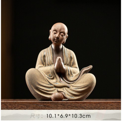 Tượng gốm bạch tự tại - tượng nhà sư ngồi thiền niệm phật áo ánh kim- Tượng bàn trà tiểu cảnh