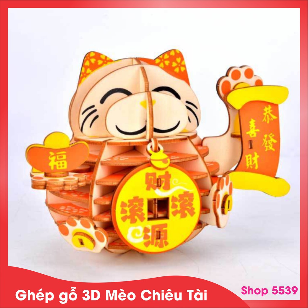 Đồ chơi ghép gỗ 3D phát triển kỹ năng cho bé mô hình Mèo chiêu tài lộc