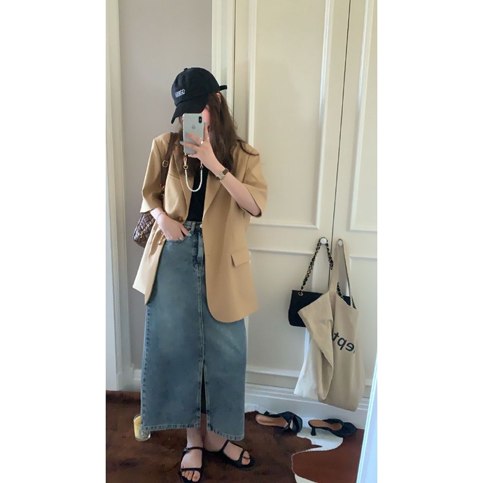 Chân váy jean dài MURIOKI dáng suông phong cách Hàn Quốc thời trang 2022 cho nữ cỡ lớn
