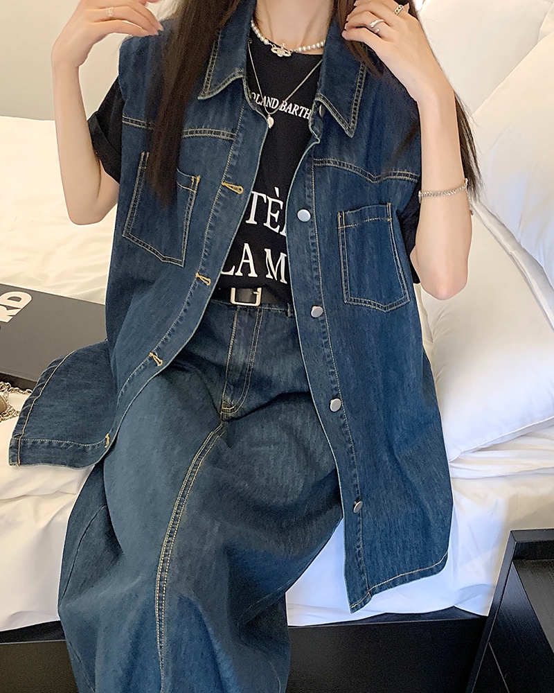 Áo khoác denim sát nách/ Chân váy denim xẻ tà Peppermint 53642 phong cách Hong Kong cổ điển thời trang mùa hè mới