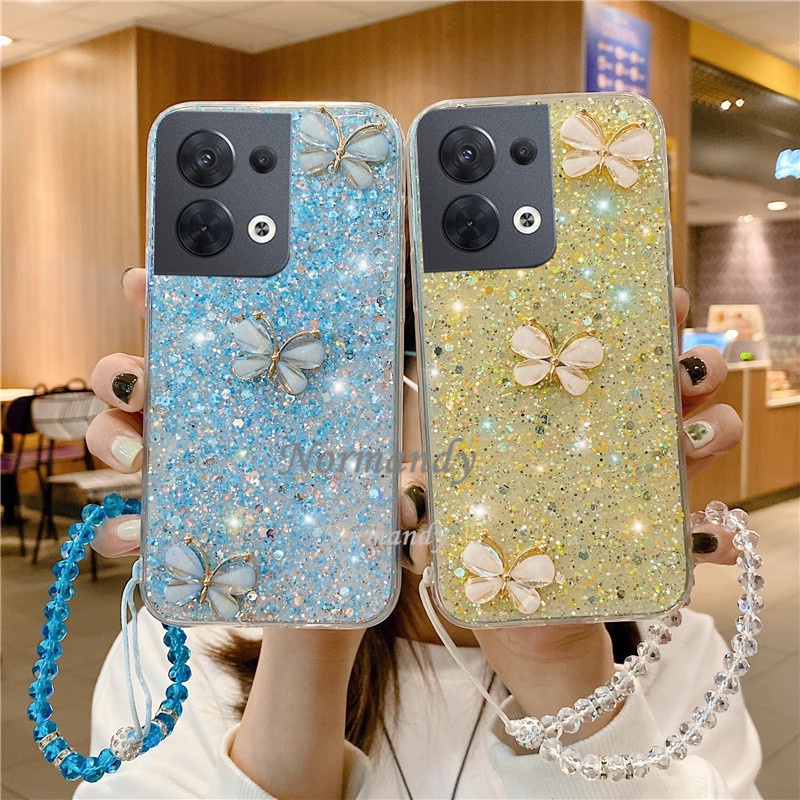 Ốp điện thoại có dây đeo đính hạt đá hình bướm lấp lánh 3D cho OPPO Reno8 8Z 8Pro Reno 8 7 7Z 7Pro 6Z 6 Z Pro 5G 4G