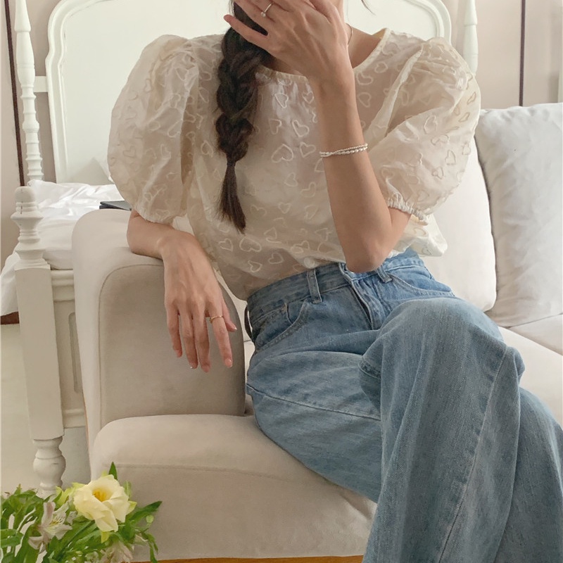 SUXI Áo Thun Tay Ngắn Cổ Tròn Trong Suốt Thêu Hình Trái Tim Nhỏ Màu Trơn Phong Cách Hàn Quốc Mùa Hè