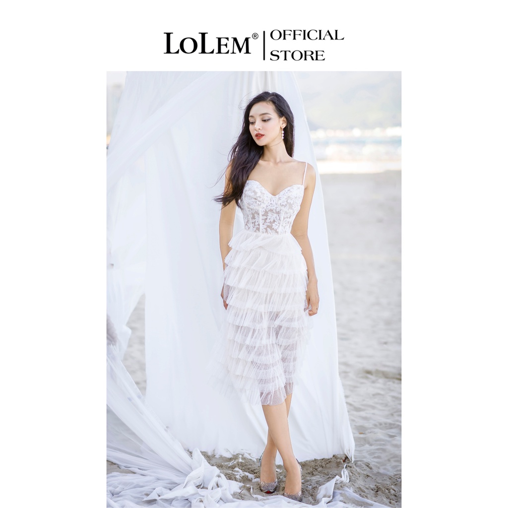 Đầm ren dự tiệc LOLEM DX331 thiết kế hai dây phối lưới tầng form corset