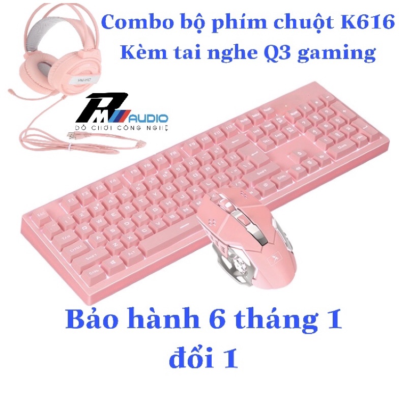 Combo bộ bàn phím giả cơ K616 kèm tai nghe gaming Q3 màu hồng dành cho các game thủ - Bàn phím có dây cao cấp K616