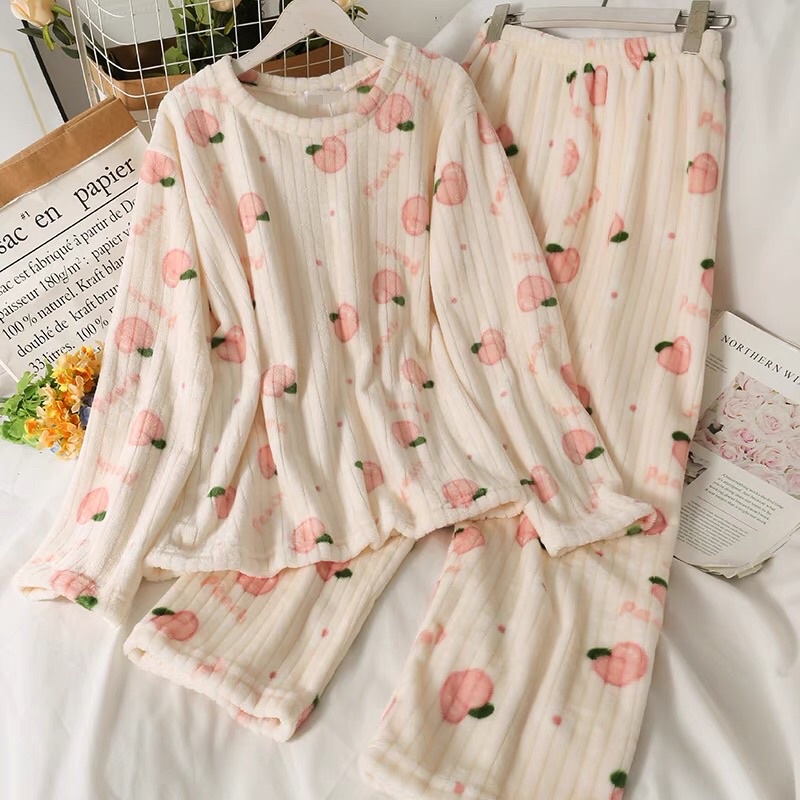 Set đồ ngủ bông nỉ hoạ tiết đào , dâu ống rộng