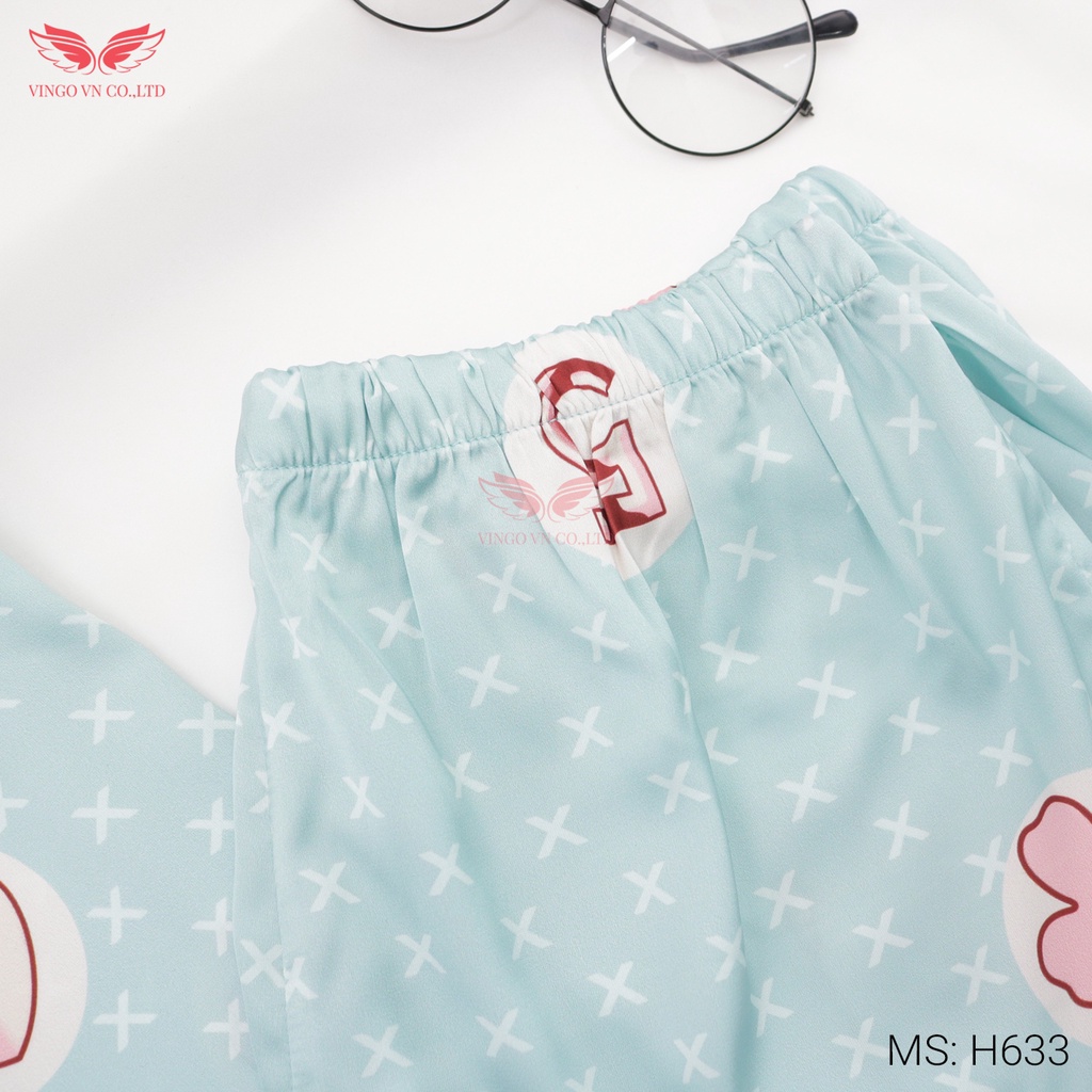 Đồ bộ mặc nhà nữ pijama VINGO lụa Pháp tay ngắn quần đùi mặc ngủ mùa Hè mát họa tiết cỏ 4 lá xanh dễ thương H633 VNGO