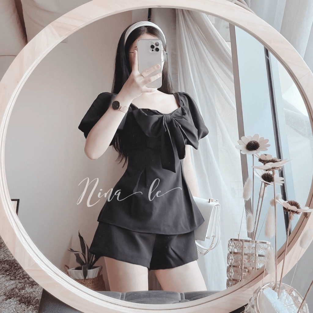 SÉT ĐỒ NỮ NGẮN ÁO KIỂU PHỐI NƠ VÀ QUẦN CẠP CAO TÔN DÁNG