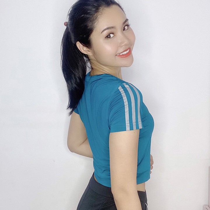 Áo Croptop tay ngắn thể thao cho nữ, in 3 sọc tay, phù hợp tập gym, yoga, aerobic