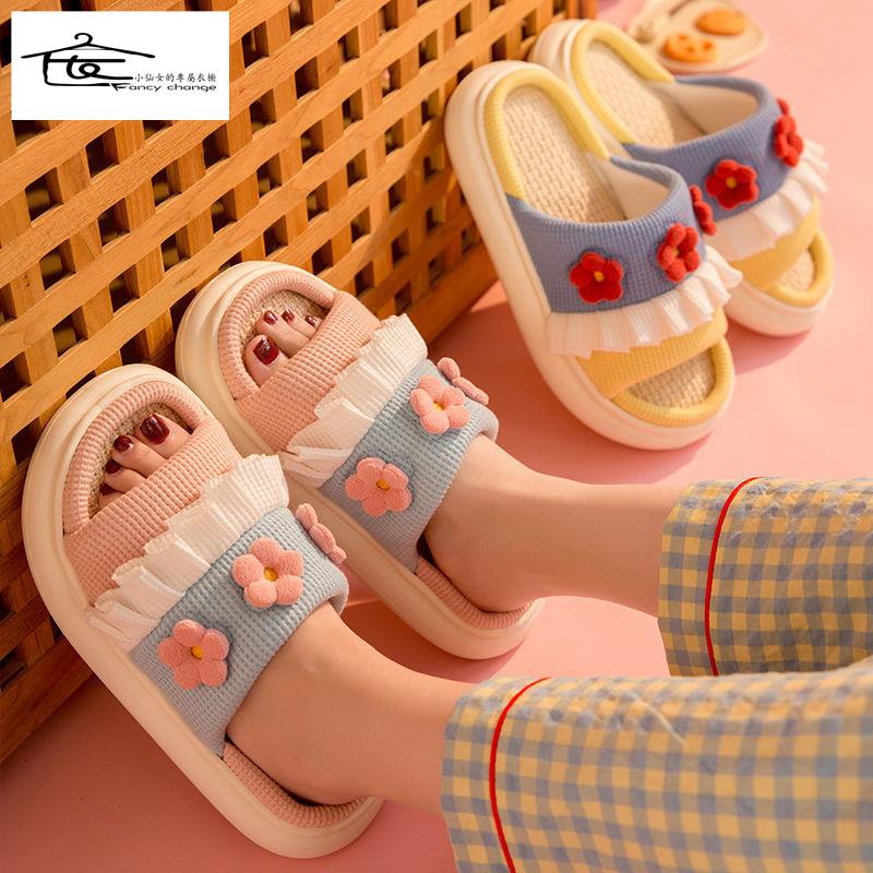 Dép Cotton Lanh Mùa Hè Đế Dày Họa Tiết Dễ Thương Cho Nữ
