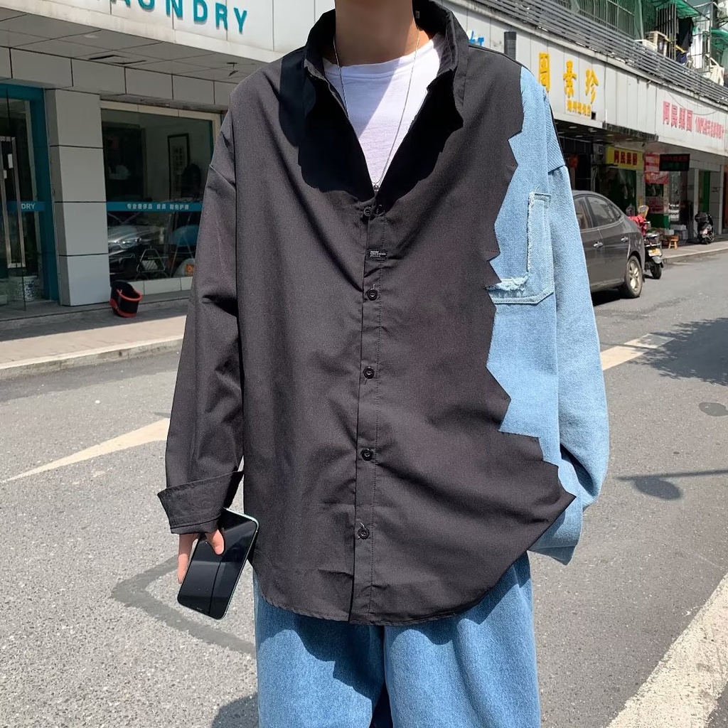 ✦ AFFLIGA ✦Áo Sơ Mi Denim Dáng Rộng Giả Hai Lớp Phong Cách Nhật Hàn Thời Trang Mùa Thu Cho Nam