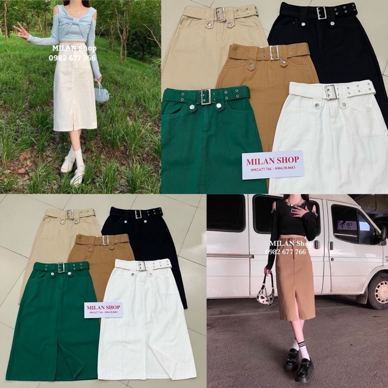 Chân váy thô kaki dáng dài qua gối 3 kiểu Quảng Châu