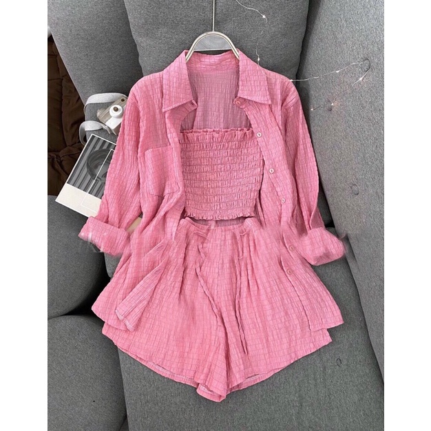 Sét 3 món áo ống + quần short kèm áo sơ mi hot trend