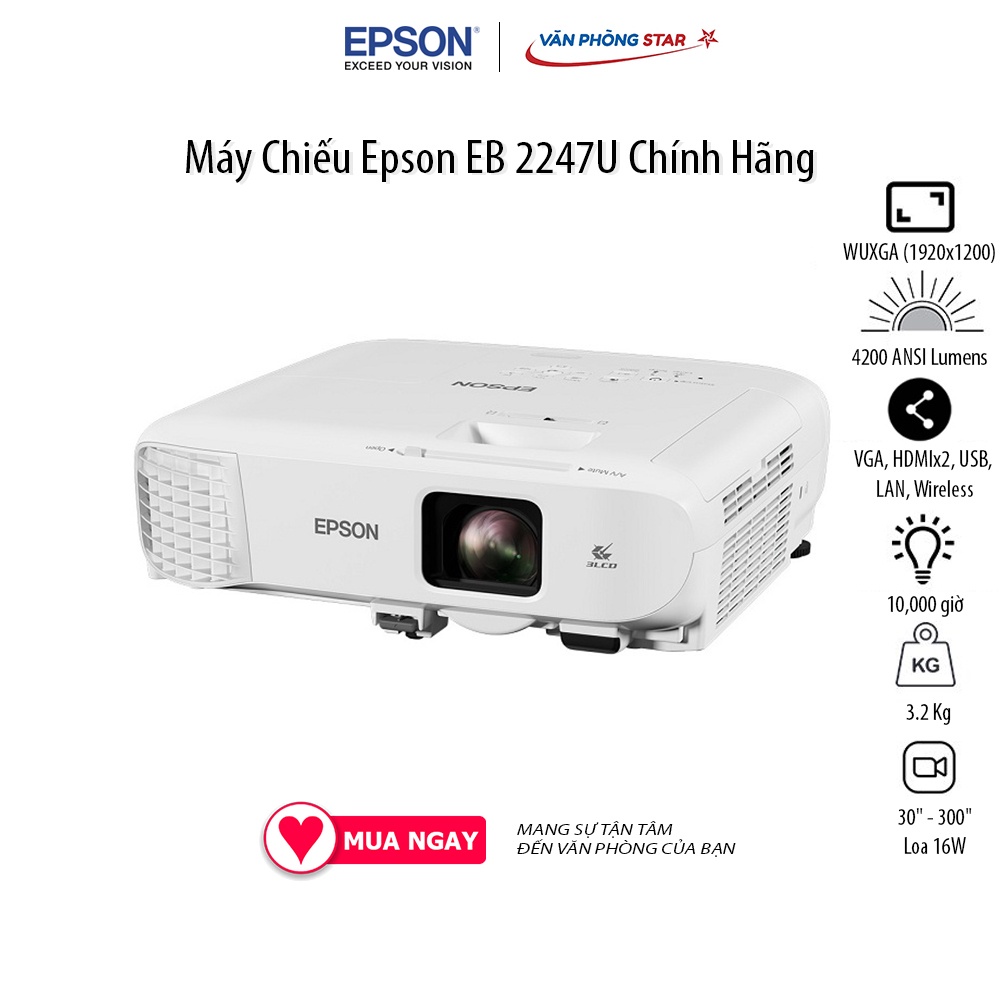 Máy Chiếu Epson EB 2247U Độ phân giải WUXGA (1920x1200) Cường độ sáng 4200 ANSI Lumens, Tuổi thọ bóng 10000 giờ