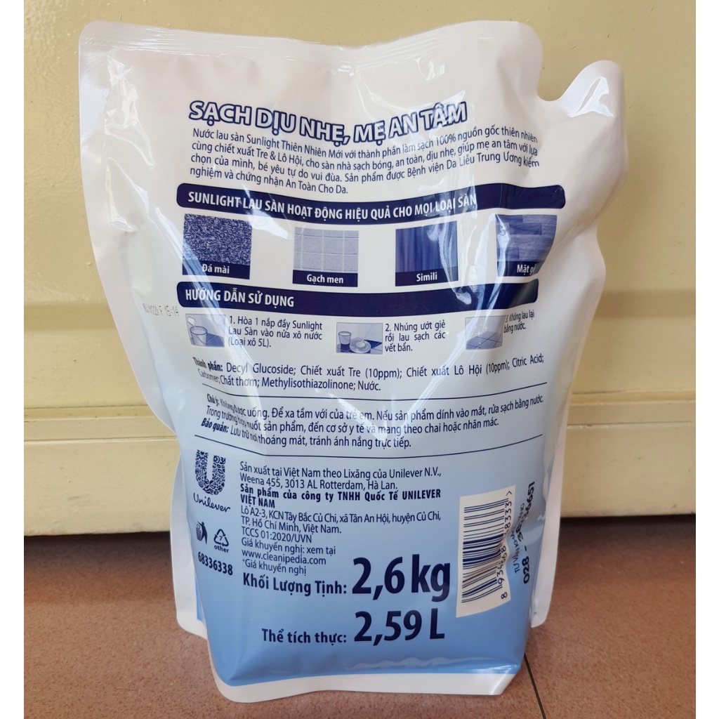 Nước Lau Sàn Sunlight Thiên Nhiên Chiết Xuất Tre & Lô Hội Túi 2.6Kg