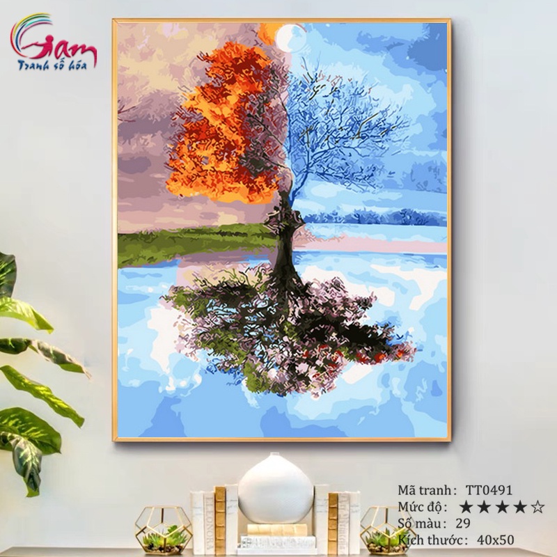 Tranh sơn dầu số hóa tự tô màu theo số Gam Cây Bốn Mùa Trừu Tượng căng khung 40x50cm TT0491