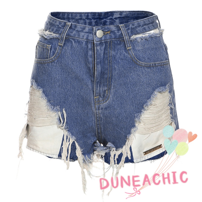DUNEA Quần Short Denim Lưng Cao Phối Rách Kiểu Đường Phố Cá Tính Cho Nữ