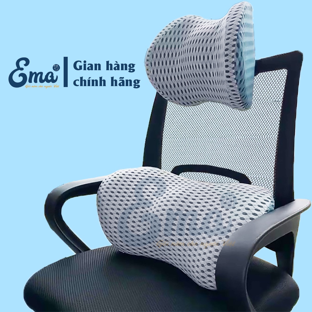 Bộ gối tựa đầu và kê thắt lưng văn phòng EMA - Ruột cao su non - Vỏ 4D siêu thoáng