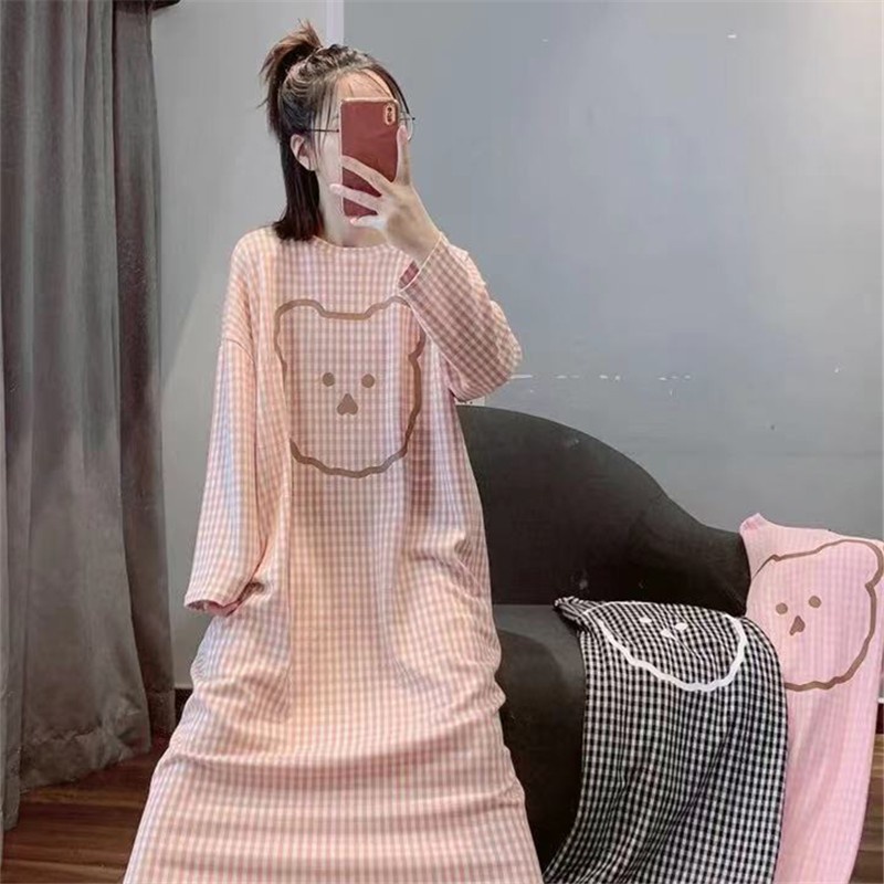 [Hàng đẹp Taobao] Váy Ngủ caro hình gấu cute , váy nữ mặc nhà kiểu dáng Hàn Quốc DN02