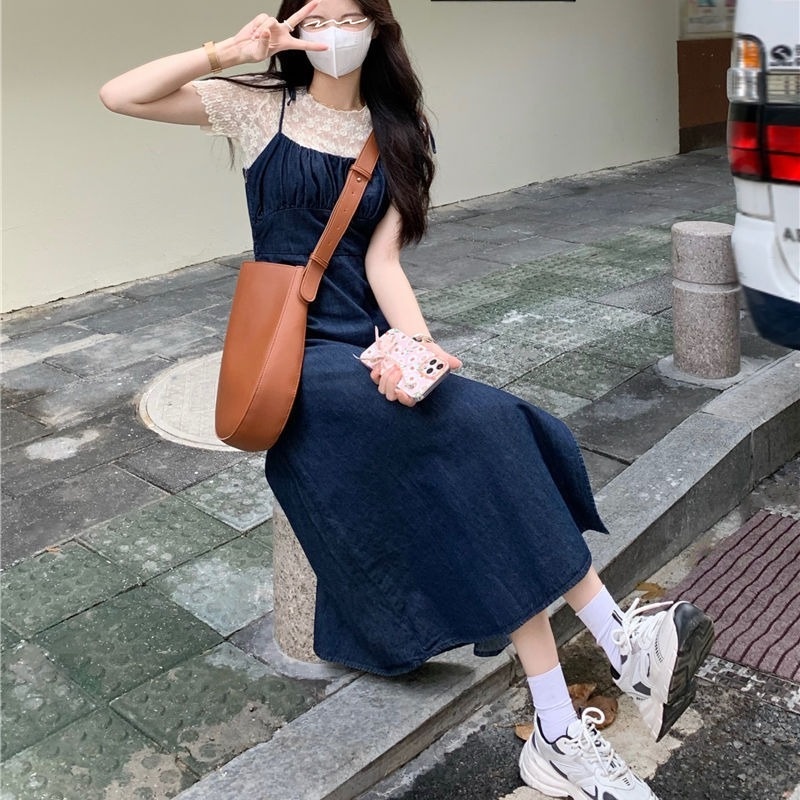 Set Áo Thun Phối Ren + Váy Yếm Denim Xẻ Tà Thời Trang Mùa Hè Mới