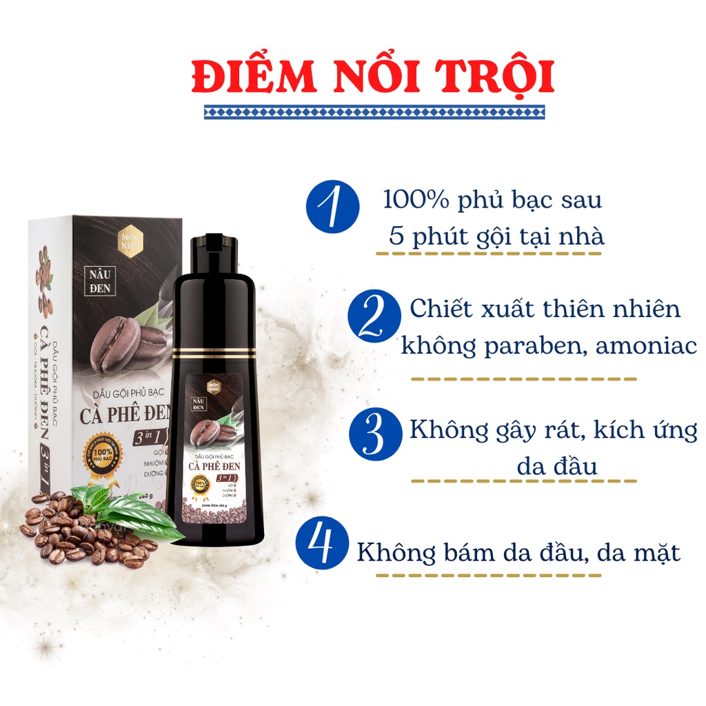 [ Nâu Đen ] Bộ 2 Dầu Gội Phủ Bạc Cà Phê Đen Mộc Nhu Phủ Đen Tóc Bạc Sau 5 Phút Gội Tại Nhà 280Gr, Tặng Mặt Nạ Dưỡng Da