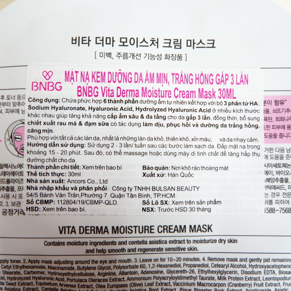 Mặt nạ BNBG vita derma moisture cream mask cấp ẩm đa tầng 30ml NCC Tido88