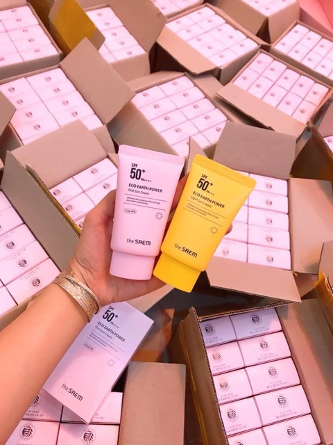 ( Sẵn ) Kem chống nắng The Saem Eco Earth Power Light / Pink Sun Cream SPF50+ PA+++ [ Vàng - Hồng ] | BigBuy360 - bigbuy360.vn