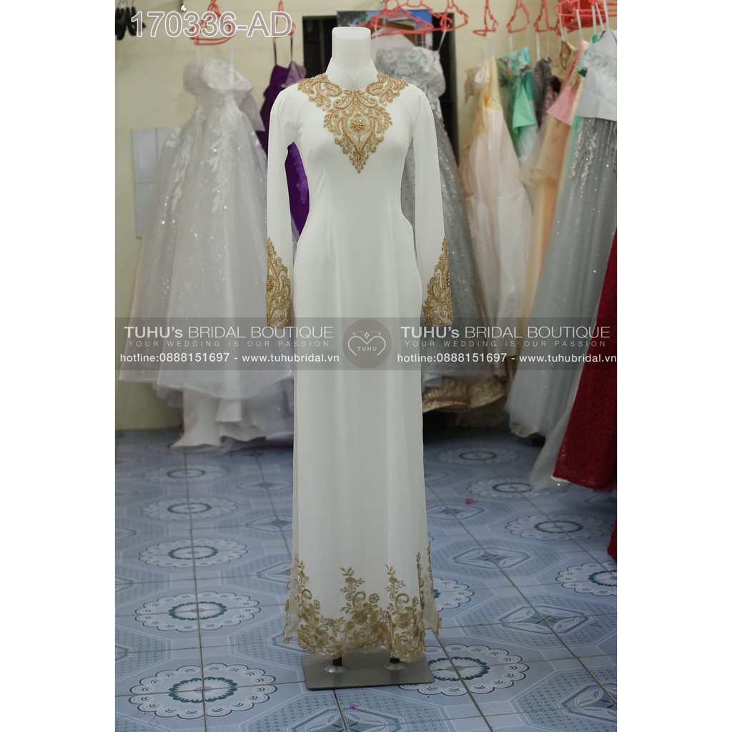 Áo dài ren FREESHIP Áo dài trắng ren đồng đính pha lê [ao dai nu dep]