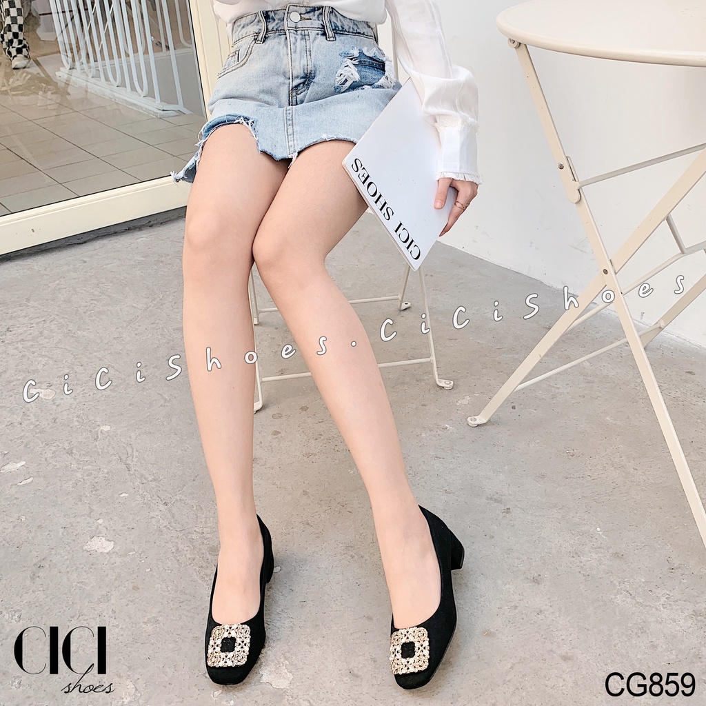 Giày cao gót nữ CiCi Shoes gót vuông 3cm, giầy da nỉ khoá đá vuông hoa - CG859