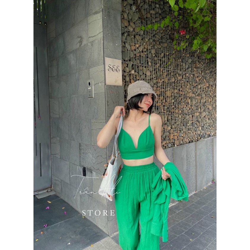 Set 3 Món Đũi Quần Suông Phối Áo 2 Dây Ngắn Kèm Áo Sơ Mi Kiểu Croptop Tay Dài