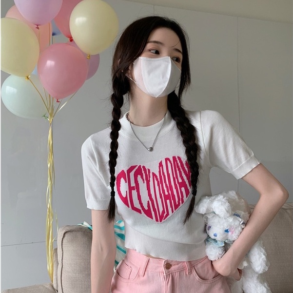 Áo Thun Dệt Kim Ngắn Tay Ôm Dáng In Chữ Và Trái Tim Thời Trang Phong Cách Hàn Quốc Cho Nữ