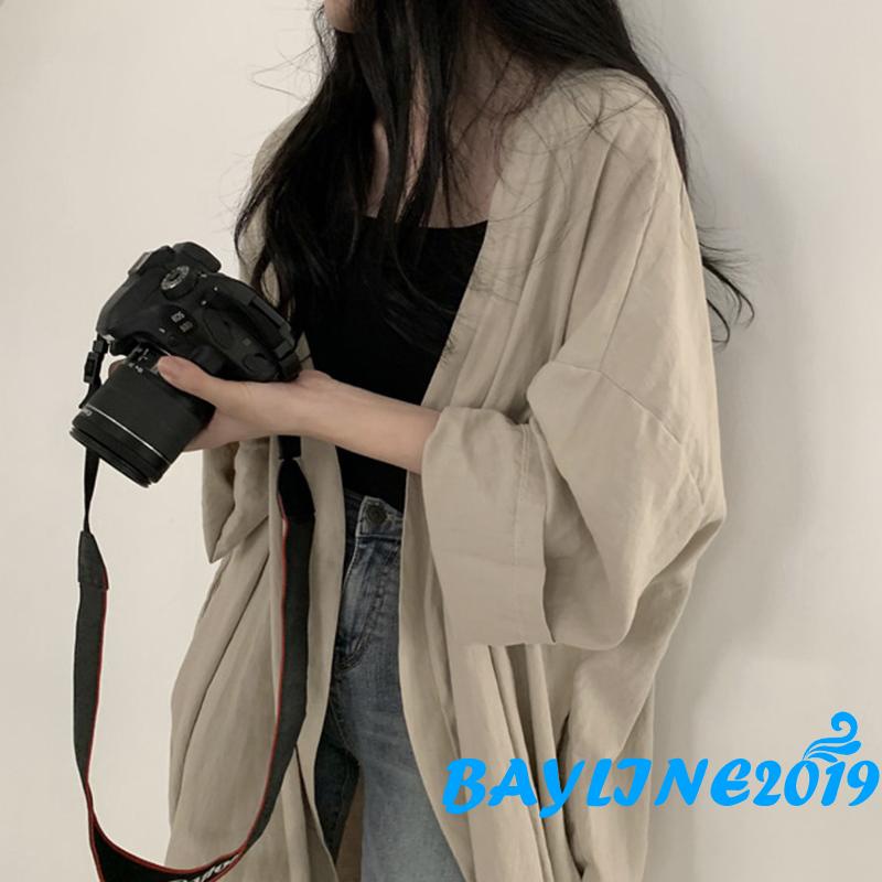 Áo Khoác Cardigan Tay Dài Dáng Rộng Màu Trơn Xẻ Tà Thời Trang Mùa Hè Cho Nữ
