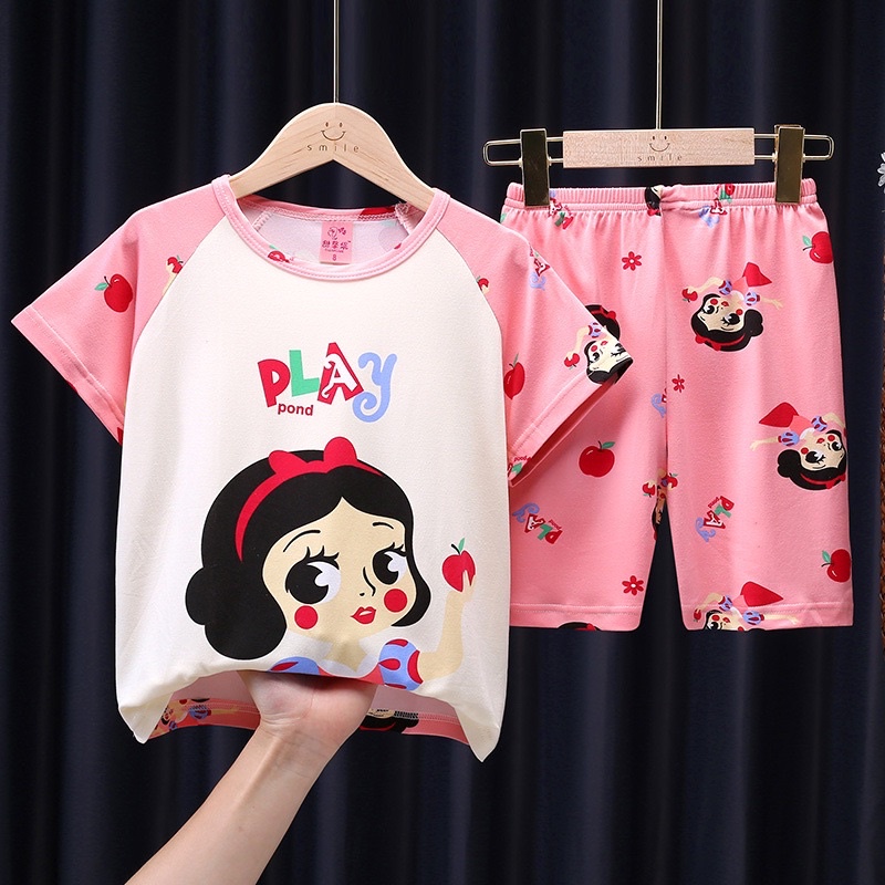 Bộ đồ ngủ ngắn tay chất thun cotton in hoạ tiết hoạt hình dễ thương cho bé từ 3-9 tuổi