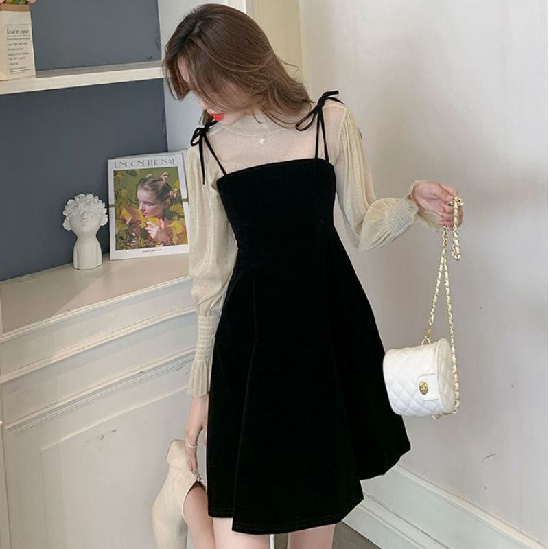 SET ĐẦM DÁNG XÒE HAI DÂY NHUNG PHỐI ÁO LƯỚI HÀNG QUẢNG CHÂU