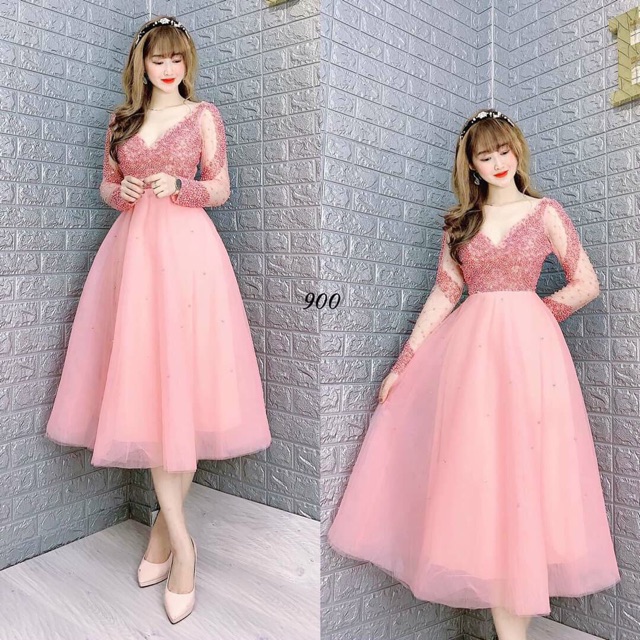 Đầm công chúa tay dài kết cườm