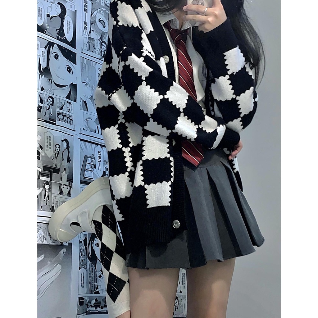 【ZHELIHANGFEI】Áo Khoác Cardigan Dệt Kim Tay Dài Cổ Chữ V Họa Tiết Sọc Caro