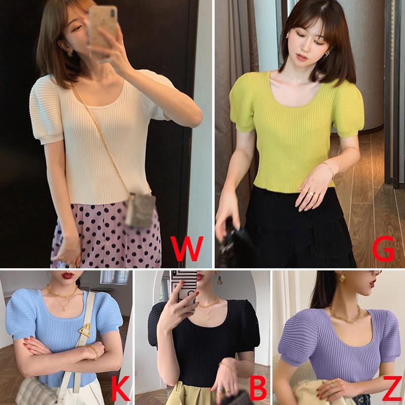 Áo Dệt Kim Tay Ngắn Cổ Vuông Màu Trơn Phong Cách Hàn Quốc